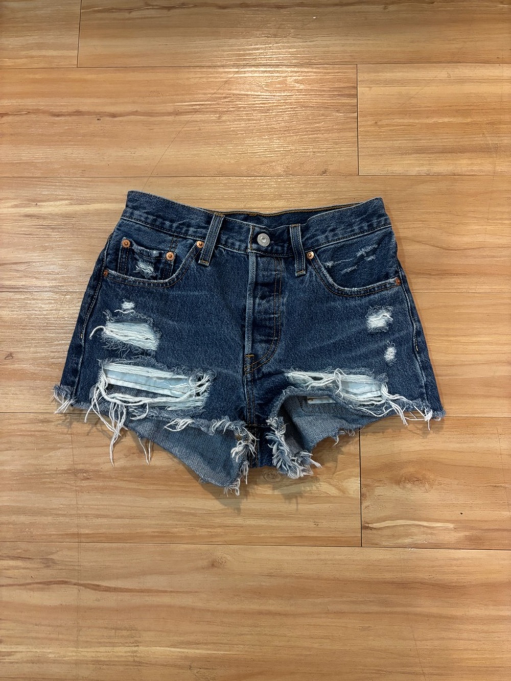 Levi's Dark Blue Distressed High-Rise Denim Shorts